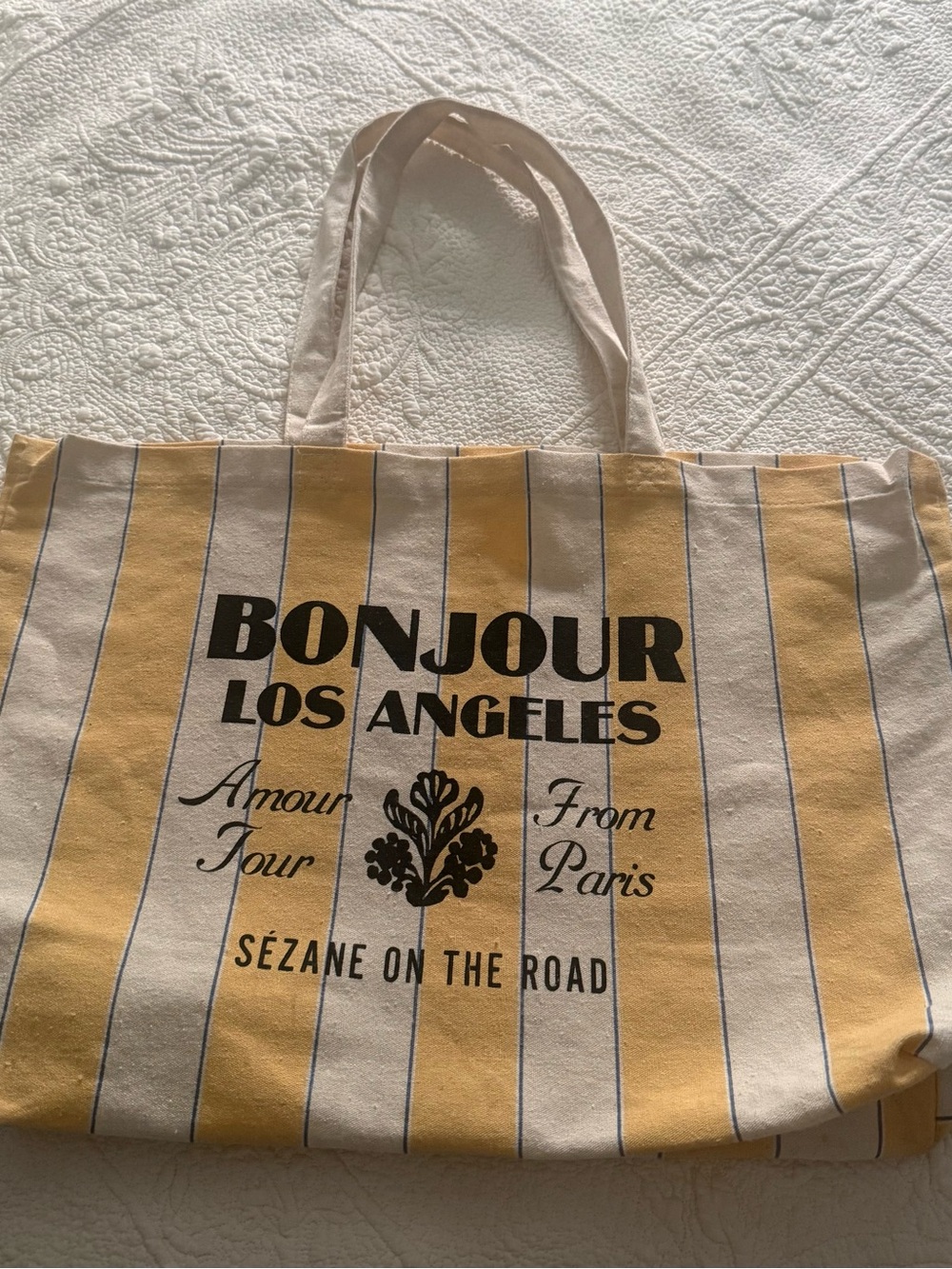 Sezane Yellow & White Striped 'Bonjour Los Angeles' Tote